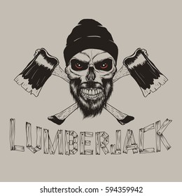 Bearded skull dressed in hat with two axes and inscription-lumberjack.Vintage vector label.Prints design for clothes