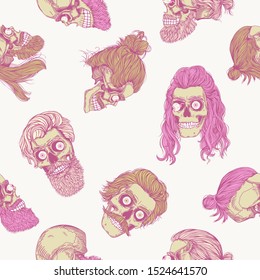 Bearded skull with eyeball, pink seamless pattern. Male skull with a stylish haircut, beard and mustache. Picture for Halloween.