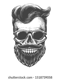 Bearded skull face tattooed. Skeleton head with mustache, beard and sunglasses black vector illustration for barber shop hair fashion salon or mustaches men party