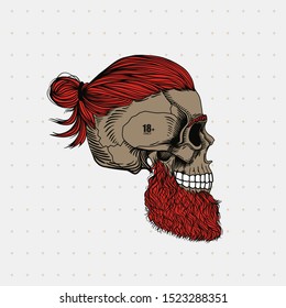 Bearded skull with ginger hair in a bun and tattoo. Stylish men's hairstyle and beard. Picture for halloween, barbershop and clothes.