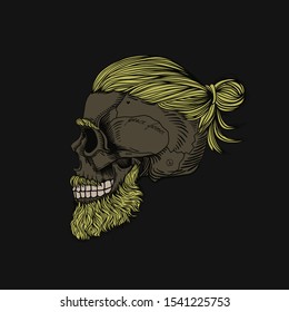 Bearded skull with hair in a bun and tattoo. Stylish men's hairstyle and beard, profile view. Picture for halloween, barbershop and clothes.