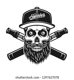 Bearded skull of hipster in baseball cap and two crossed electronic cigarettes vector illustration in vintage monochrome style isolated on white background