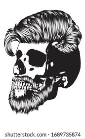 Bearded skull with hipster hairstyle for men in black and white design.
