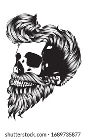 Bearded skull with hipster hairstyle for men in black and white design.