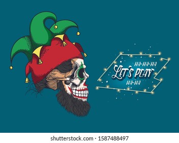 Bearded skull of a joker in a jester hat. Skull in makeup Harlequin. Print for t-shirts, various printing and posters.