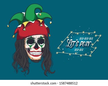 Bearded skull of a joker in a jester hat. Skull in makeup Harlequin. Print for t-shirts, various printing and posters.