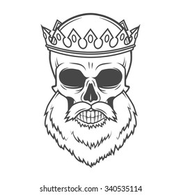 Bearded Skull King with Crown vector design. Vintage Royal old man illustration. Medieval style.