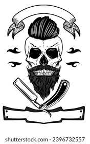 Inspiración en el diseño del logotipo del cráneo con barba, color blanco y negro, elemento de diseño para el logotipo, cartel, barbería, tarjeta, pancarta, emblema, camiseta, ilustración vectorial