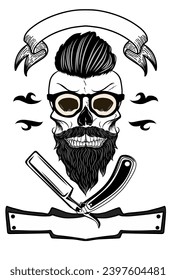 Bearded Skull Logo design inspiration wearing glasses, black and white color, design element for logo, poster, barber shop, card, banner, emblem, t-shirt, vector illustration