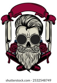 Bearded Skull Logo design inspiration wearing glasses, dark red color, design element for logo, poster, barber shop, card, banner, emblem, t-shirt, vector illustration