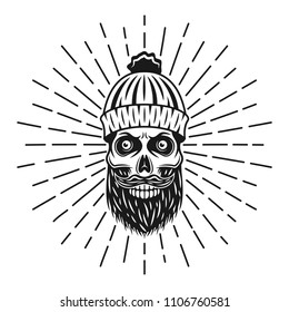 Bearded skull in lumberjack knitted hat with rays vector illustration isolated on white background