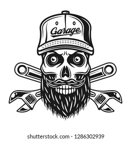 Bearded skull of mechanic in baseball cap with inscription garage and two crossed adjustable wrenches vector illustration isolated on white background