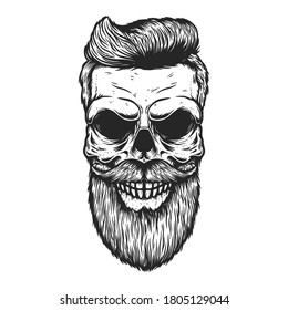 Bearded skull with modern hairstyle. Design element for poster, barber shop decoration. Vector illustration