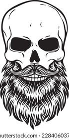 Bearded Skull with Mustache (Beard). Black and White. Vector Illustration.