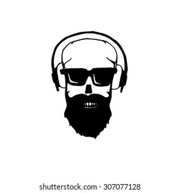 Bearded skull with a mustache, wearing dark glasses, cool and trendy hairstyle headphones chop-chop. Hand drawn. Print for t-shirts, stamps, logos, etc. Stock vector.