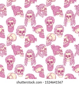 Bearded skull, pink seamless pattern. Male skull with a stylish haircut, beard and mustache. Picture for Halloween.