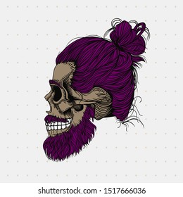 Bearded skull with purple hair in bun. Stylish men's hairstyle and beard. Picture for halloween, barbershop and clothes.