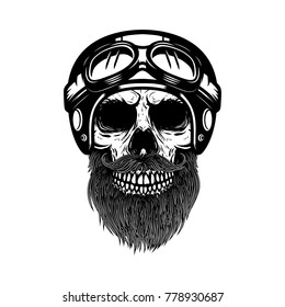 Bearded skull in racer helmet. Design element for logo, label, emblem, sign, poster, banner. Vector illustration