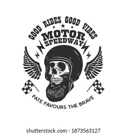 Bearded skull in racer helmet with wings. Design element for logo, label, sign, emblem, poster, t shirt. Vector illustration