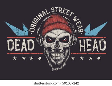 Bearded skull with red eyes.Grunge old typography emblem .Prints design. Vector illustration