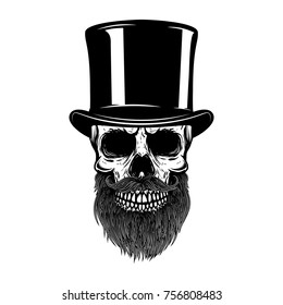 Bearded skull in retro hat. Gentleman club. Design element for t shirt, poster, emblem, sign. Vector illustration