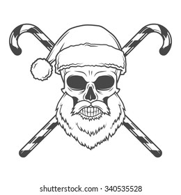 Bearded Skull Santa Claus with candy canes and glasses poster. Vintage Christmas old man portrait. X-mas t-shirt illustration.