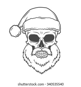 Bearded Skull Santa Claus with candy canes and glasses poster. Vintage Christmas old man portrait. X-mas t-shirt illustration.