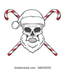 Bearded Skull Santa Claus with candy canes and glasses poster. Vintage Christmas old man portrait. X-mas t-shirt illustration.