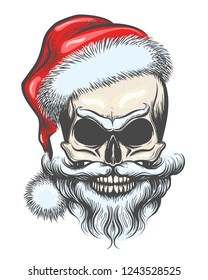 Bearded Skull in Santa Claus Hat drawn in tattoo Style. Vector illustration.