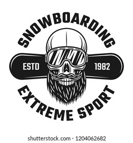Bearded skull of snowboarder in ski glasses and snowboard deck vector emblem, badge, labels or logo in vintage monochrome style isolated on white background