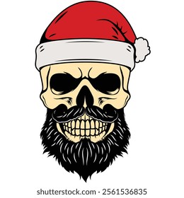 bearded skull wear santa hat vector illustration. 