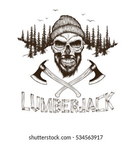 Bearded skull-lumberjack with two axes.Dotwork.Hand drawn illustration