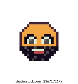 Bearded smiley, unshaven face, pixel art icon with beard emoticon cartoon character. 8-bit style. Language emotion. Flat style. Isolated abstract vector illustration.