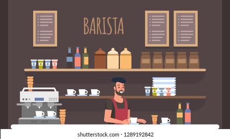 Bearded Smiling Barista In Cashier At Bar Counter Making Preparation For Visitors. Coffe Shop Interior. Small Business Owner At Workplace. Board Menu With Cappuccino, Espresso, Latte.