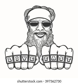 Bearded smiling biker in glasses holds his fists with club rings Live Fast. Illustration in cartoon style.