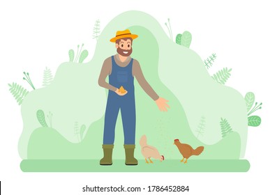 Bearded smiling farmer man in overalls feeds hens with grain. Man feeds poultry on green lawn. Agriculture and breeding birds. Self-sufficiency. Green background. Attraction and accumulation capital