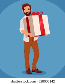 bearded smiling guy holding a huge gift box