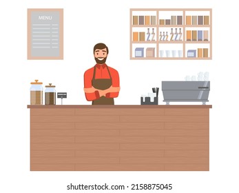 Bearded smiling male barista at the coffee shop counter. The interior of the cafe and its worker. Modern flat vector illustration isolated on white background