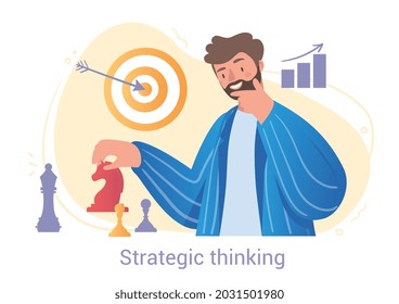 Bearded Smiling Male Character Is Using Strategic Thinking For Chess Play On White Background. People Trying To Use Different Mental Mindset Models In Life Situations. Flat Cartoon Vector Illustration