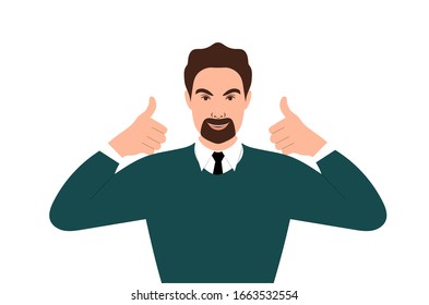 Bearded, smiling man shows that everything is great. Flat vector illustration.
