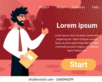 Bearded Släching Man TV-Moderator trägt weißes Shirt und Tie Holding Ordner in Hand Präsentation auf der Bühne oder während des Fernsehprogramms oder News Broadcasting. Illustration der flachen Cartoon-Vektorillustration, Banner