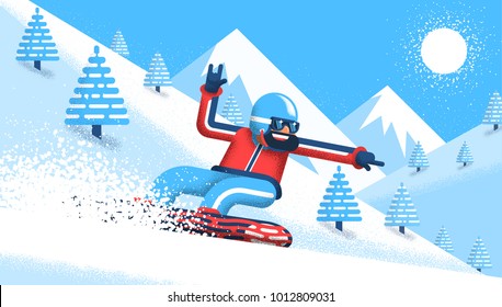 Bearded snowboarder in bright clothes rushes down the mountain. Vector illustration in a flat style with noise shadows.