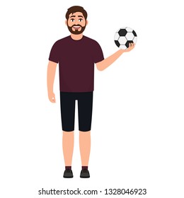 Bearded soccer player holding a soccer ball, an athlete playing football, character in cartoon style vector illustration