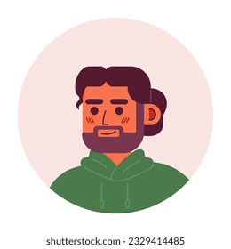 Bearded spanish man semi flat vector character head. Charming male with bun hairstyle. Editable cartoon avatar icon. Face emotion. Colorful spot illustration for web graphic design, animation