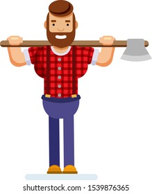 Bearded strong lumberjack in red checkered shirt with axe. Flat vector isolated illustration