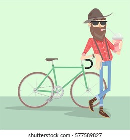 Bearded stylish guy with glasses and a plaid shirt, hipster, drinking a cocktail. Nearby is a bicycle. Vector illustration