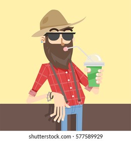 Bearded stylish guy with glasses and a plaid shirt, hipster, drinking a cocktail. Vector illustration