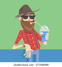 Bearded stylish guy with glasses and a plaid shirt, hipster, drinking a cocktail. Vector illustration