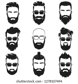 Bearded stylish hipster men faces with different haircuts style, mustaches, beards, black sunglasses avatar, emblem, label vector illustration.