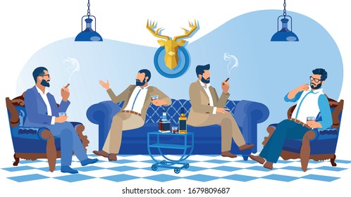 Bearded Stylish Men in Classic Suits Looking like Gentlemen and Hipsters Smoking Cigars, Drinking Alcoholic Drinks Sitting on Sofa Communicating in Club or Barbershop Cartoon Flat Vector Illustration